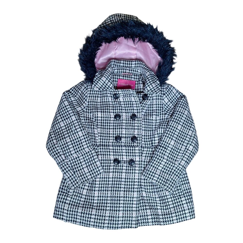 London Fog Girls Houndstooth Pea Coat Pink Sparkle Faux Fur Hood Jacket EUC 5/6